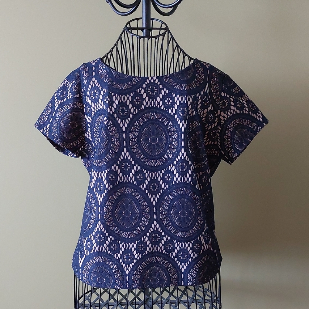Tacera Navy Blue and White Patterned Blouse